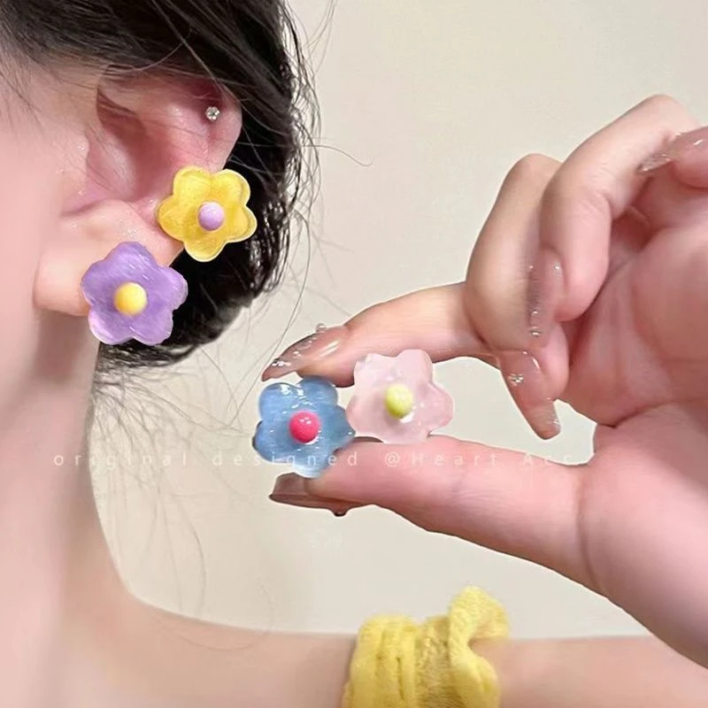 夏日涂鸦~彩色多巴胺花朵耳夹女无耳洞甜美耳骨夹小众设计感耳饰