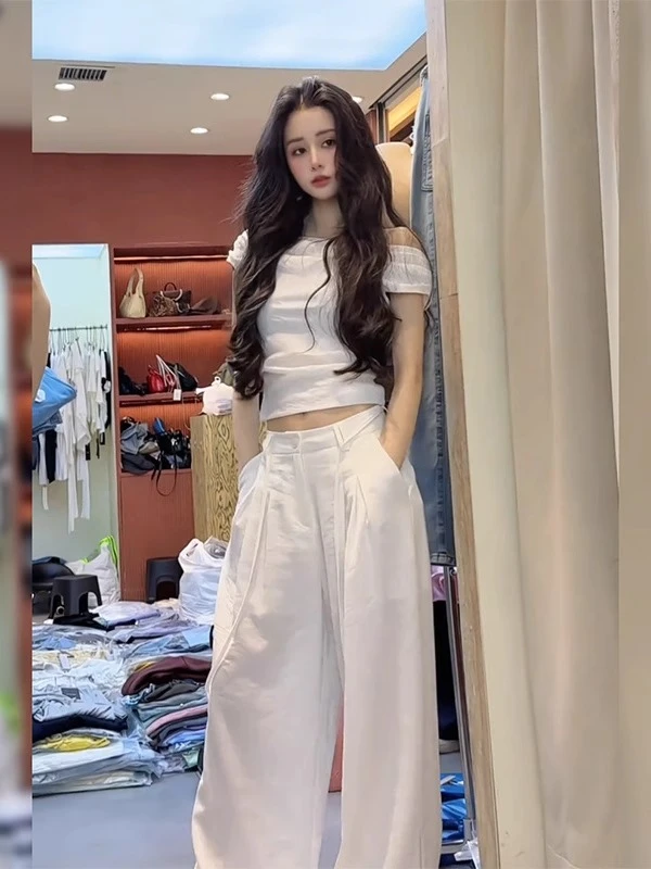 纯欲风气质时尚套装女2025夏季新款一字肩上衣阔腿裤两件套高级感