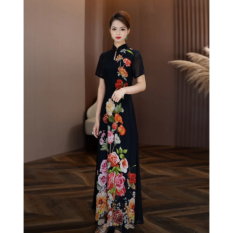 国风连衣裙女2025夏季新款修身显瘦气质大摆长裙印花时尚优雅裙子