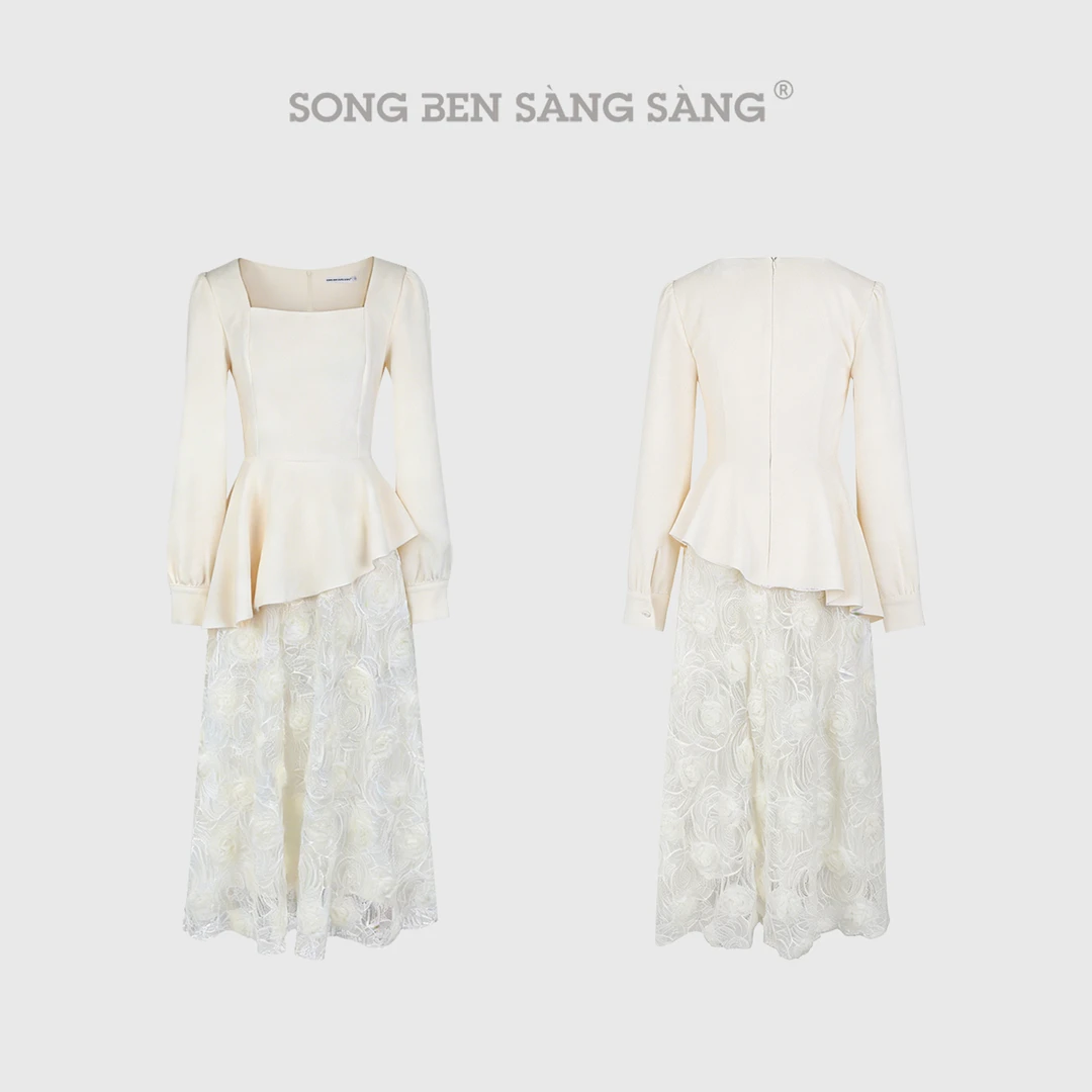 松本丧丧杏色方领收腰荷叶边拼接立体蕾丝优雅连衣裙B254Q2037