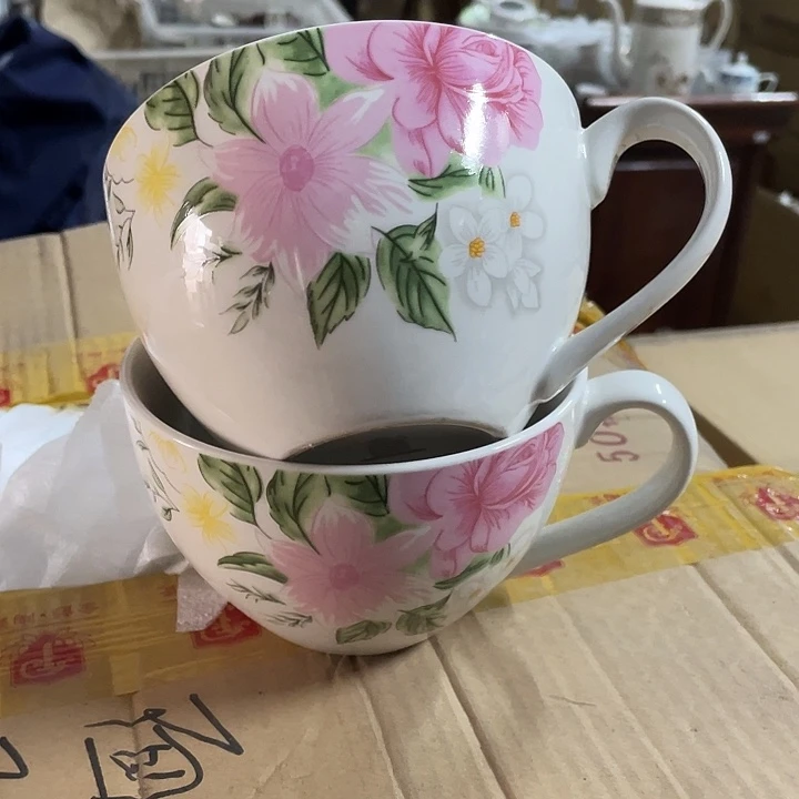 杯瓷片 强化瓷粉花早餐杯2个