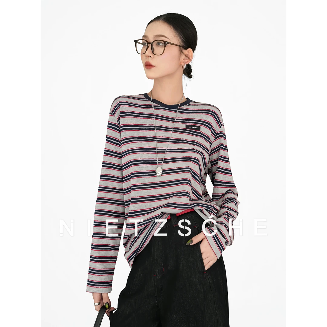 尼采官方直营｜纸片人条纹｜高智感舒适慵懒宽松条纹针织T恤71160