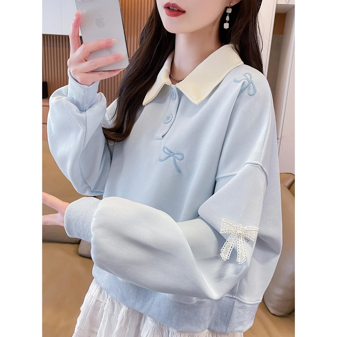 polo领假两件蝴蝶结卫衣女2025新款春秋季宽松薄款初中生上衣外套