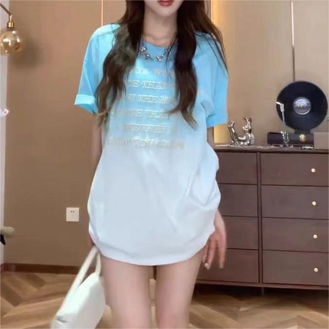 歌如虹品牌 时尚潮流烫钻休闲百搭短袖（吊染蓝白）