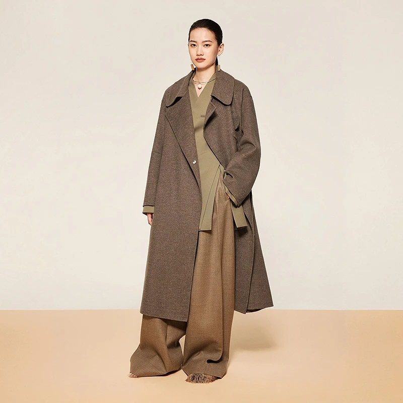 LESS冬季含牦牛绒大衣女宽松系带时髦长款毛呢大衣外套2X0810020