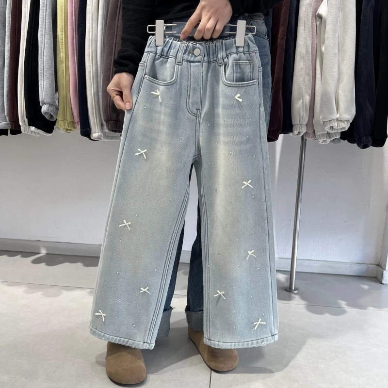 女童加绒牛仔裤百搭一体绒中大童秋冬窄版直筒裤儿童加厚阔腿裤子