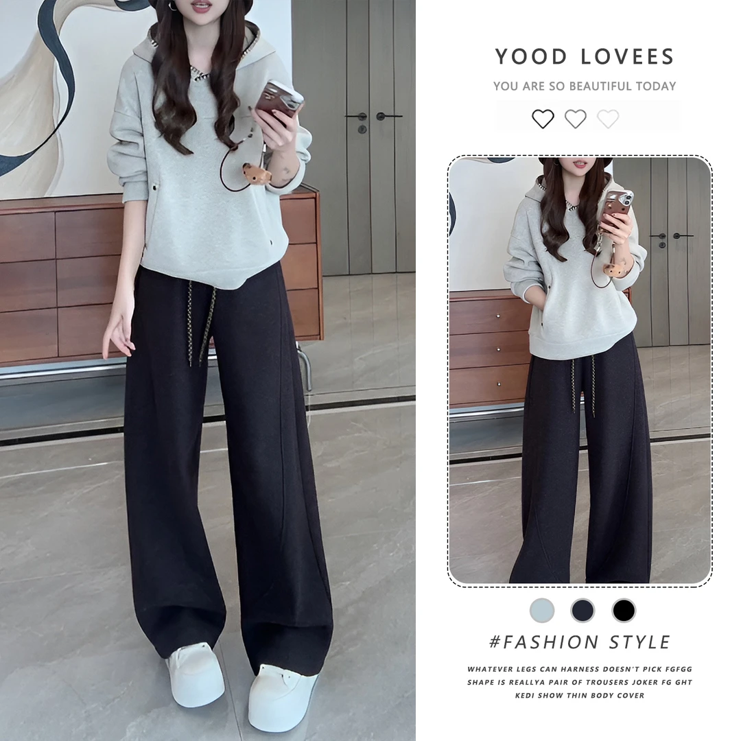 港风复古加绒加厚连帽卫衣显瘦休闲长裤女秋冬2025慵懒风时尚套装