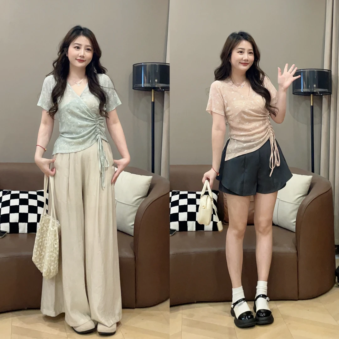 大萌萌【现货】气质减龄绑绳收腰扎染T恤夏微胖显瘦百搭P225X09947