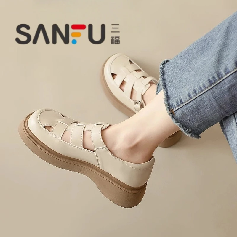 三福女士新款厚底罗马凉鞋女2025夏季镂空猪笼鞋包头沙滩半拖鞋女