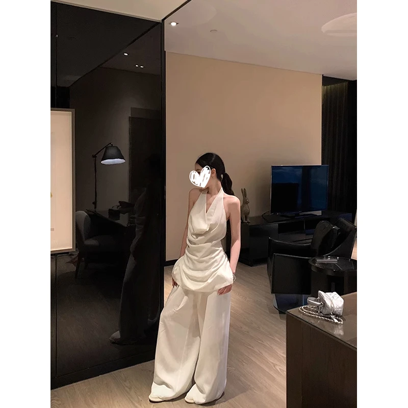 高级感气质套装女夏季荡领挂脖露背吊带背心垂感宽松百搭阔腿长裤