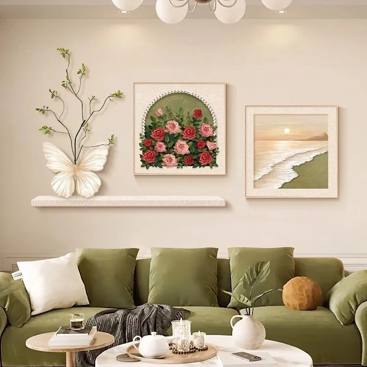 法式奶油风客厅装饰画玫瑰花卉蝴蝶海浪复古电视沙发背景墙壁挂画