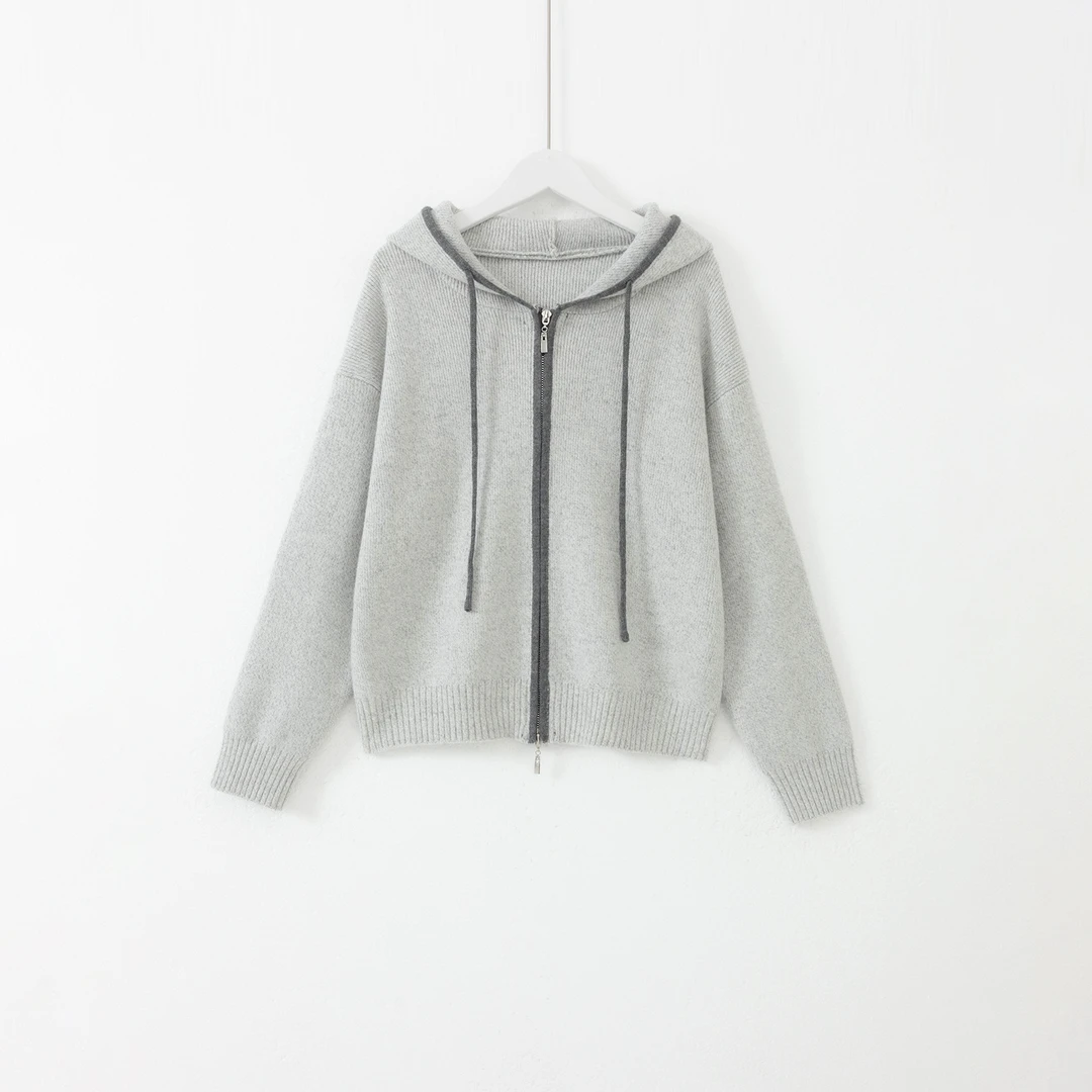 几里与麻 慵懒感双拉链连帽针织开衫 衣长54胸围106 2102448