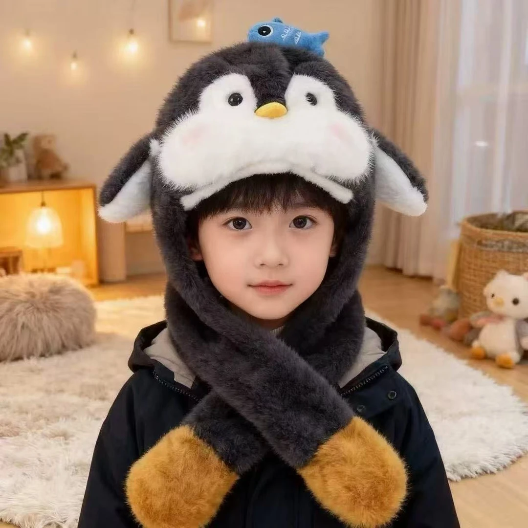 耳朵会动的儿童帽子围巾一体两件套男女宝宝秋冬季保暖加厚毛绒帽