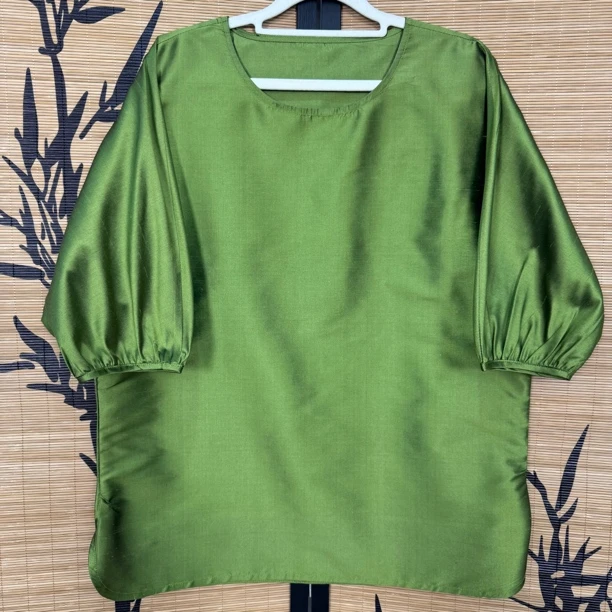 满分桑蚕丝双宫五分袖上衣显瘦时尚休闲绿色夏季复古中式国风气质