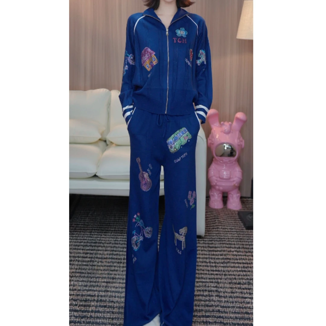 TCH私服秋季氛围感烫钻时尚淑女气质蓝色套装T75D07E5001轻奢tch