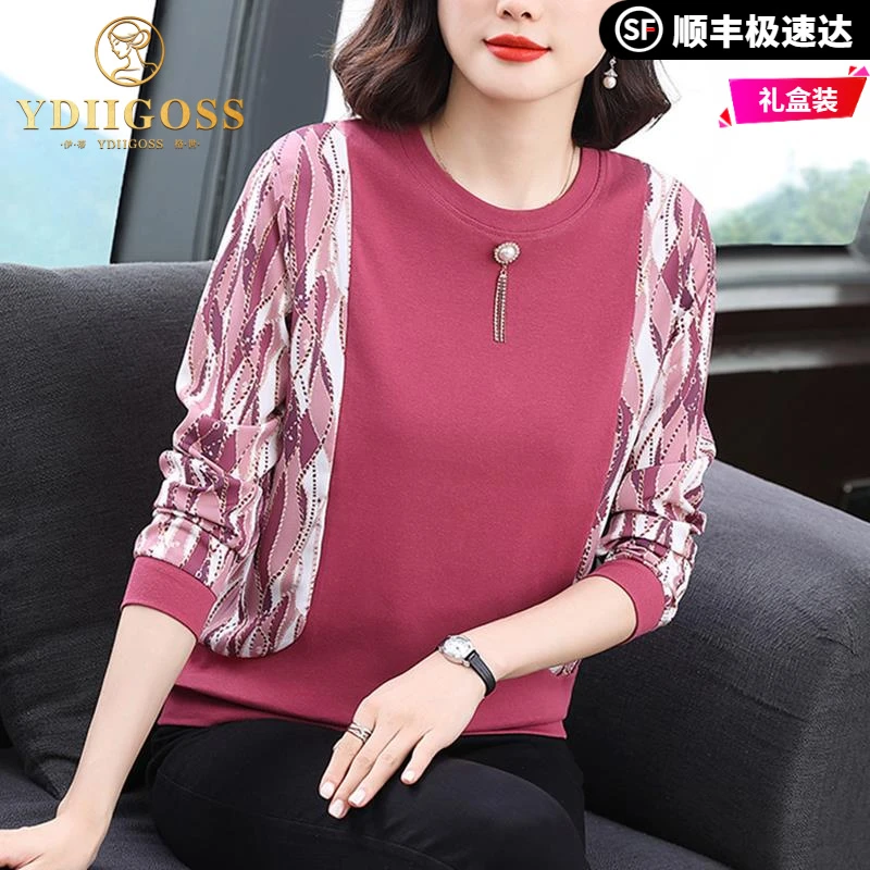 伊蒂格世今年流行的妈妈上衣纯棉雪纺拼接长袖t恤女中老年打底衫