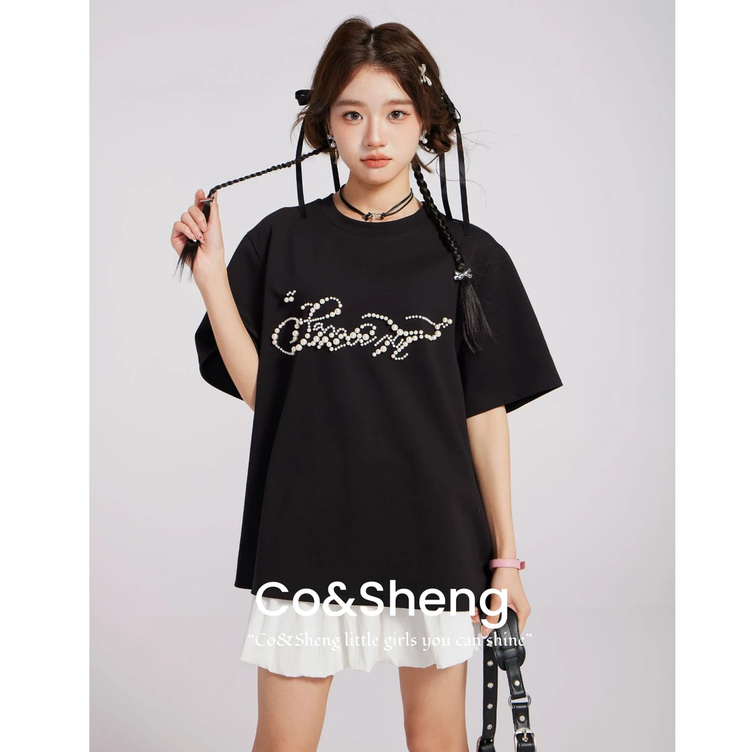 云朵咕噜/重生小个子春夏新款立体珠珠短袖女欧若风清新日常百搭