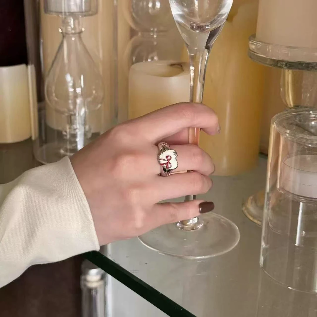 合金戒指 红色法式蝴蝶结珐琅釉戒指