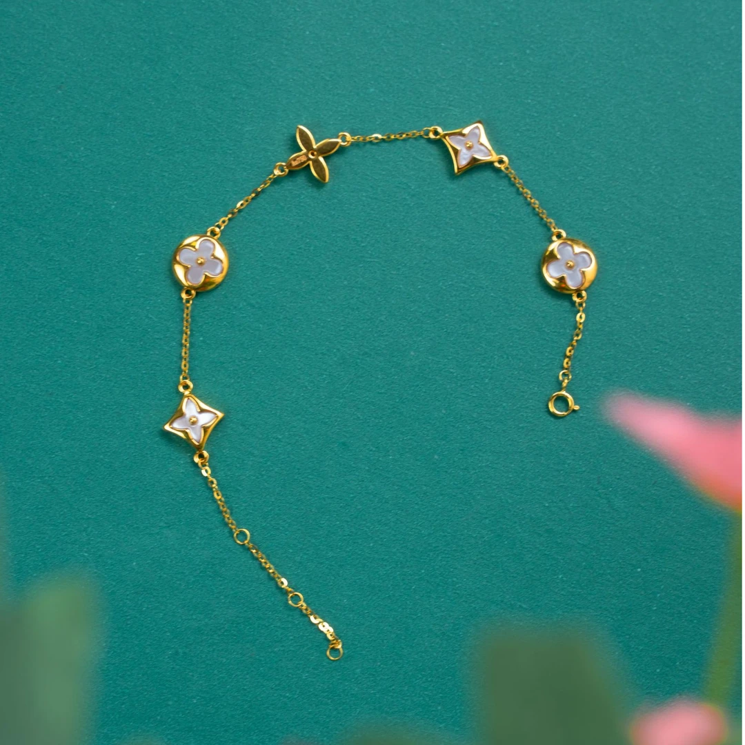 粉花手链 粉白贝母 18K金镶嵌15mm  星辰玫瑰色双色优雅精美美丽