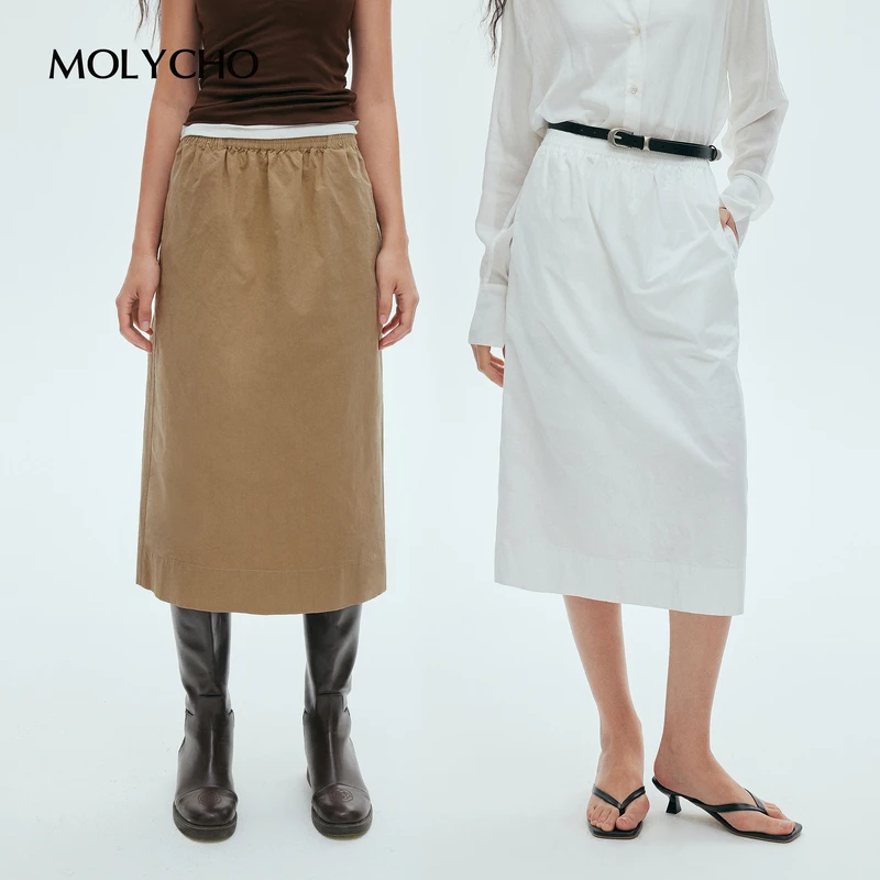 MOLYCHO  |  松弛感_白色松紧腰直筒半身裙女_垂感宽松开叉中裙子