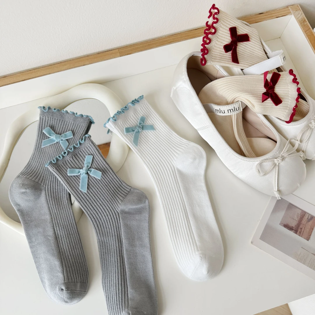 袜矩阵【和风季】蝴蝶结精致木耳花边新疆棉春季百搭无骨女袜中筒袜