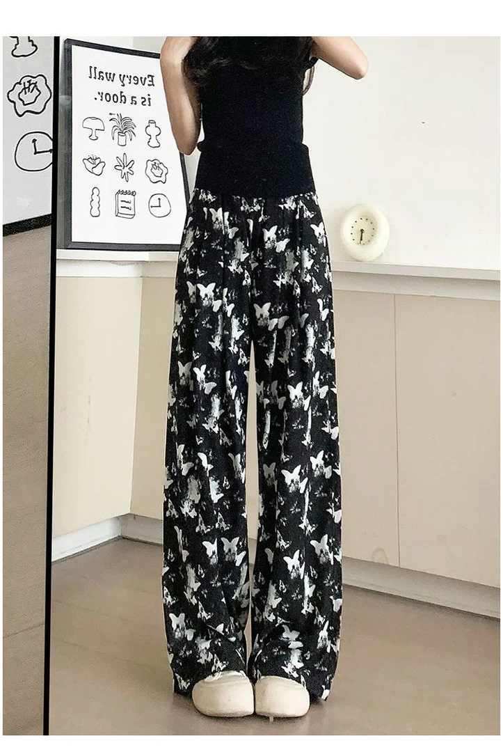 新款国风阔腿裤女高腰扎染洋气蝴蝶宽松显瘦冰丝阿喜栗简裤子