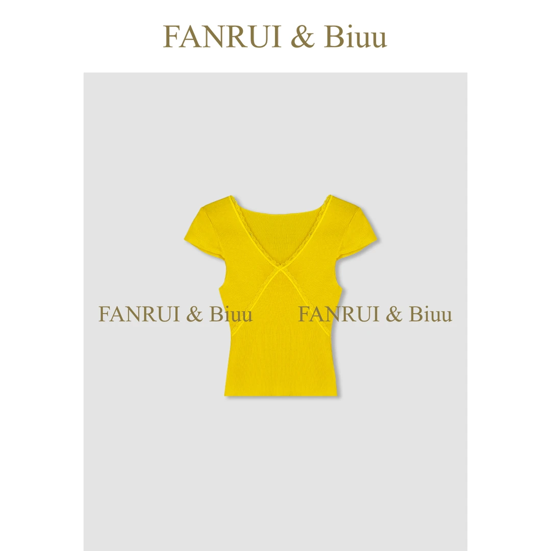 FANRUI/泛芮「贝贝biuu」蕾丝边拼接V领温柔风显瘦短袖T恤女B16837