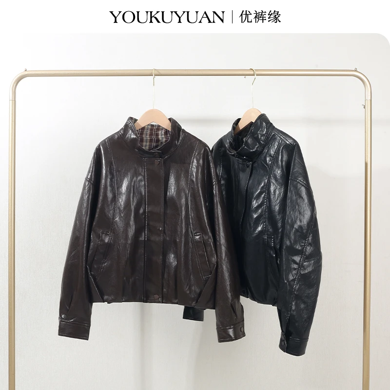 优裤缘秋季新款格子立领皮衣女长袖高级感短款宽松纯色流行外套