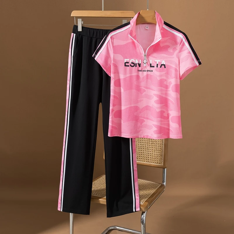 5216夏季速干短袖大码妈妈装广场舞运动服2025显龄气质套装女装