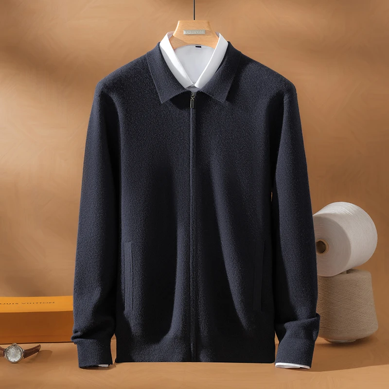 男士精纺纯山羊绒双提加厚LP同款polo领开衫