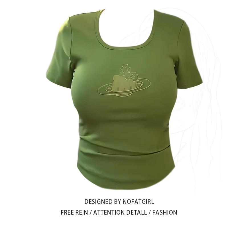 大码胖MM美式辣妹u领正肩短袖T恤女夏季2025新款修身性感短款上衣