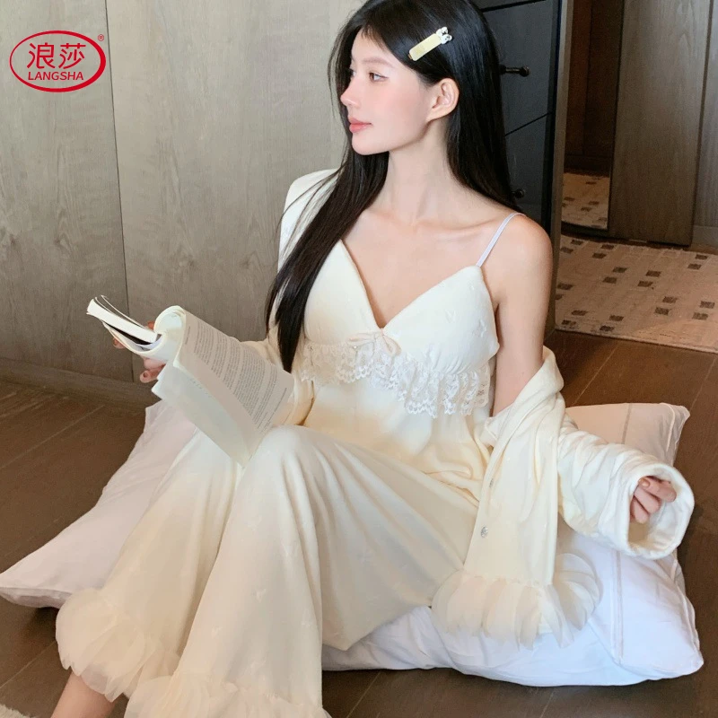 浪莎2025新款海岛绒蝴蝶印花睡衣女款秋冬花边长袖长裤秋冬家居服