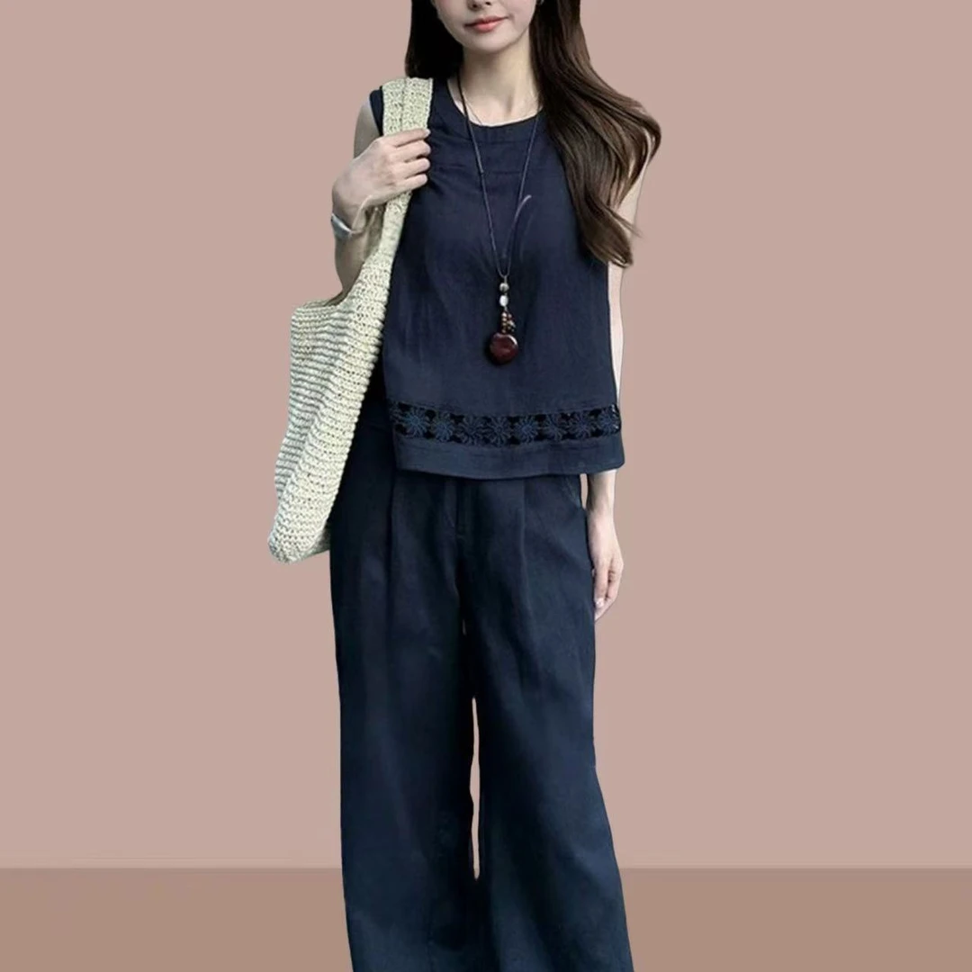 时尚气质小众套装2025夏季新款显瘦纯色无袖上衣休闲阔腿裤两件套