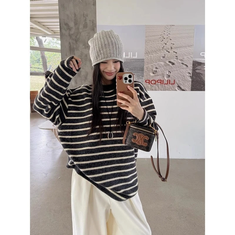 海盐奥利奥条纹长袖T恤女秋冬保暖慵懒风宽松显瘦磨毛绒加厚上衣