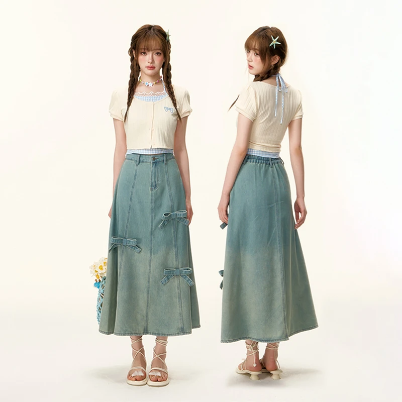 心动甜心 织物猪原创 学院风假两件开衫防晒不露腿牛仔长裙女夏