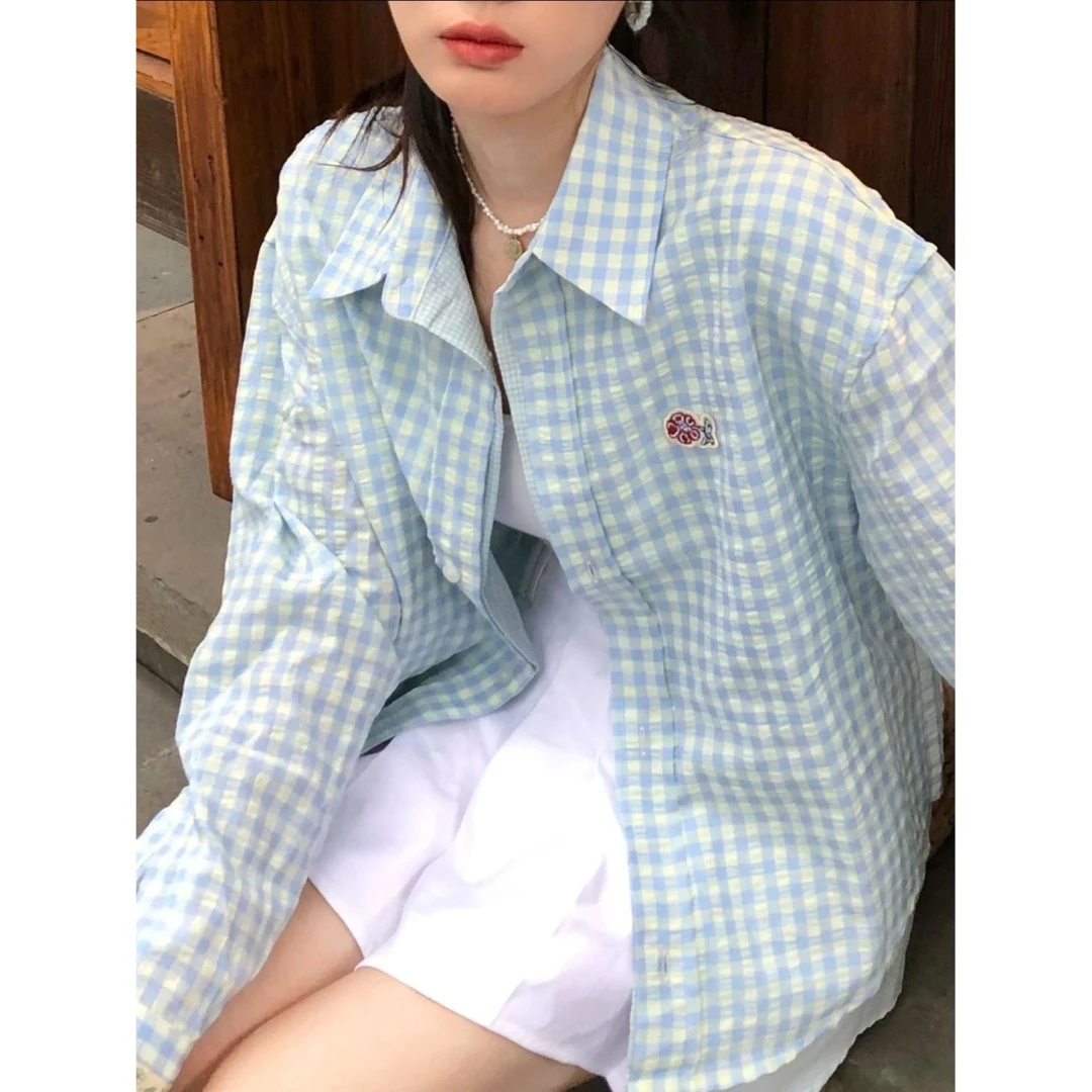 假两件格子衬衫女2025春秋季叠穿粉色花朵衬衣女宽松长袖上衣