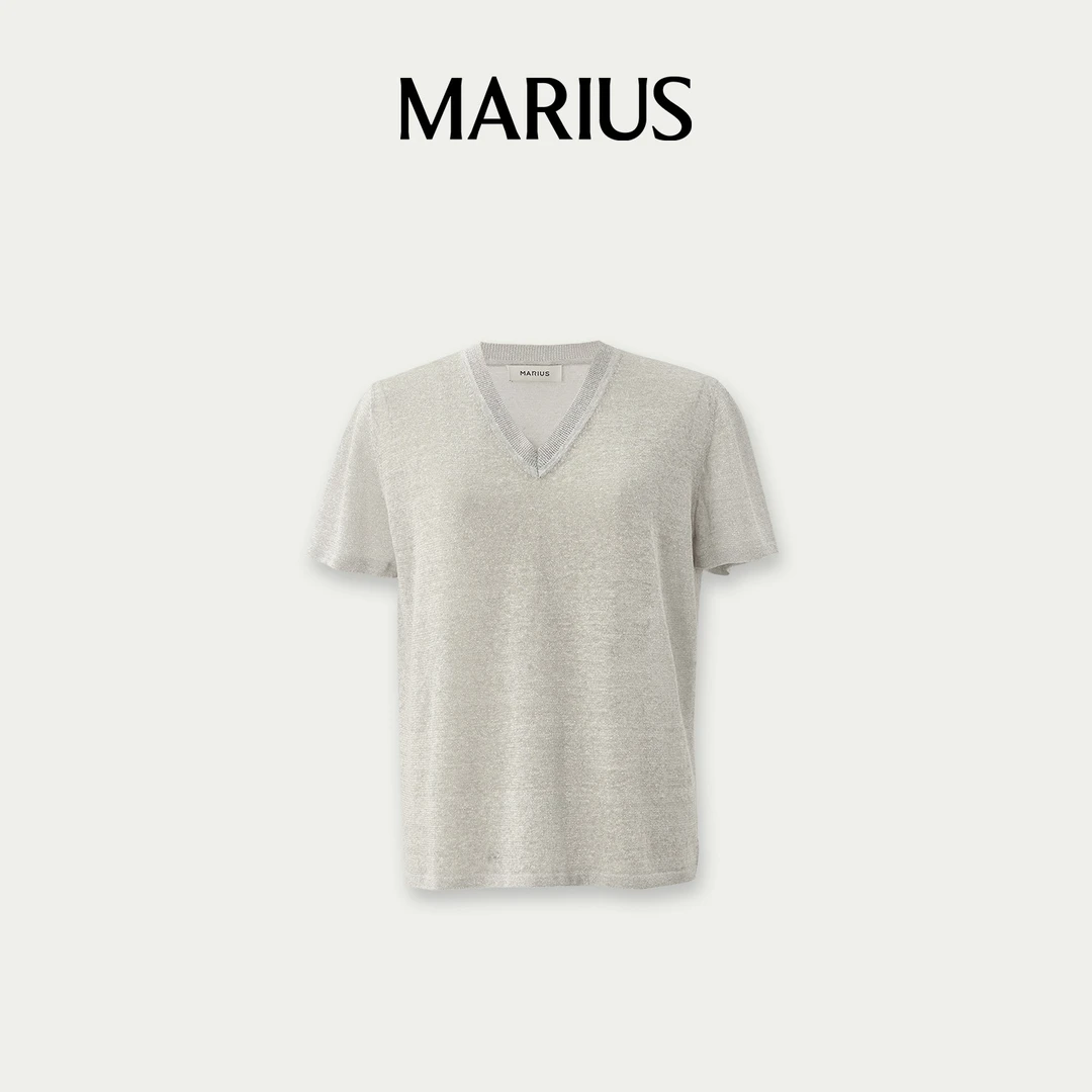 MARIUS“微闪T”亚麻休闲风常规松身T恤OL精致通勤V领短袖