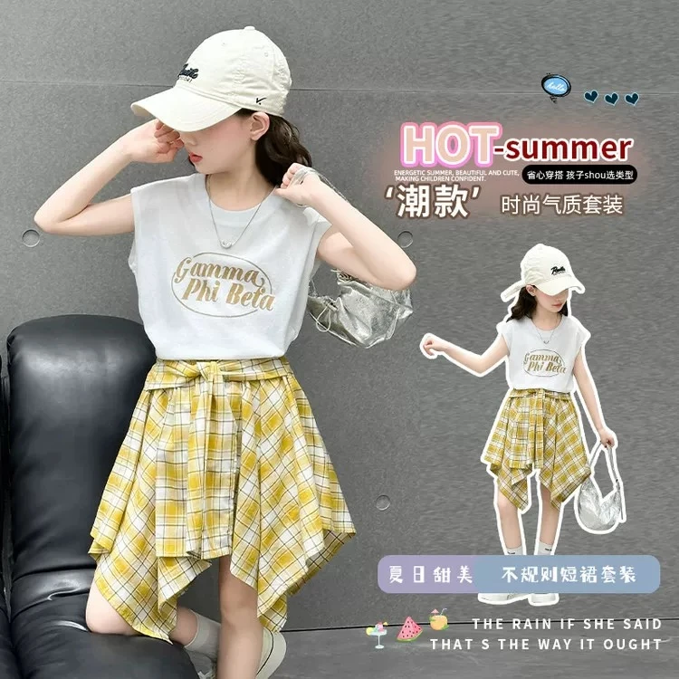 女童半身裙夏季韩系中大童炸街不规则格子短裙裤甜酷女孩网红套装