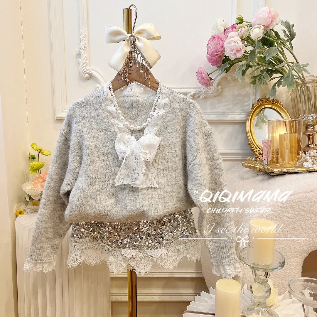 【Qi奇妈现货】女童儿童宝宝丝绒加厚女宝秋冬加绒毛衣套装Q0486