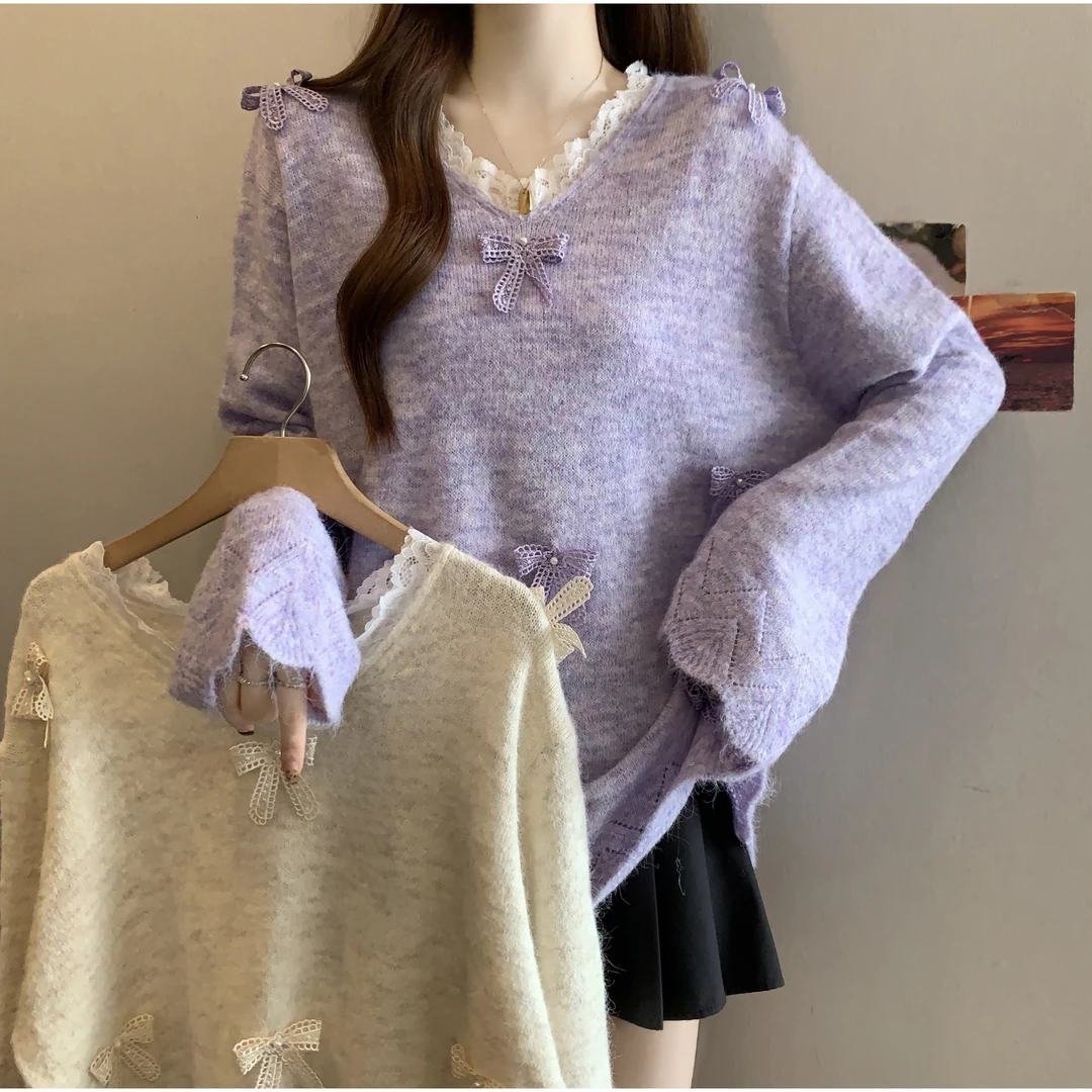 绝美蕾丝领紫色杏色毛衣秋冬新款大码女装胖女士长袖常规针织