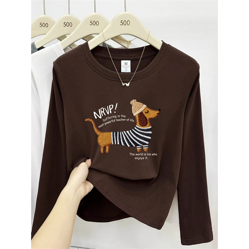 腊肠小狗印花正肩长袖t恤女2025秋季胖mm大码抓绒保暖打底衫上衣
