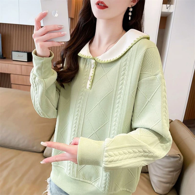 小众设计感翻领polo衫薄款卫衣女春秋新款韩版宽松重工拼接上衣潮