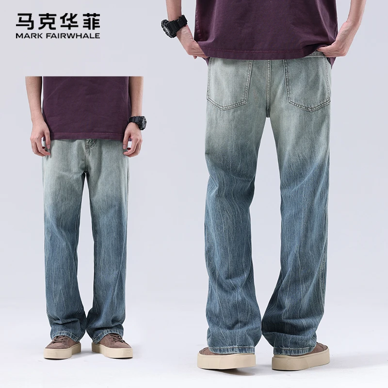 马克华菲美式潮牌渐变牛仔裤男款宽松直筒夏季莱赛尔冰丝休闲裤子