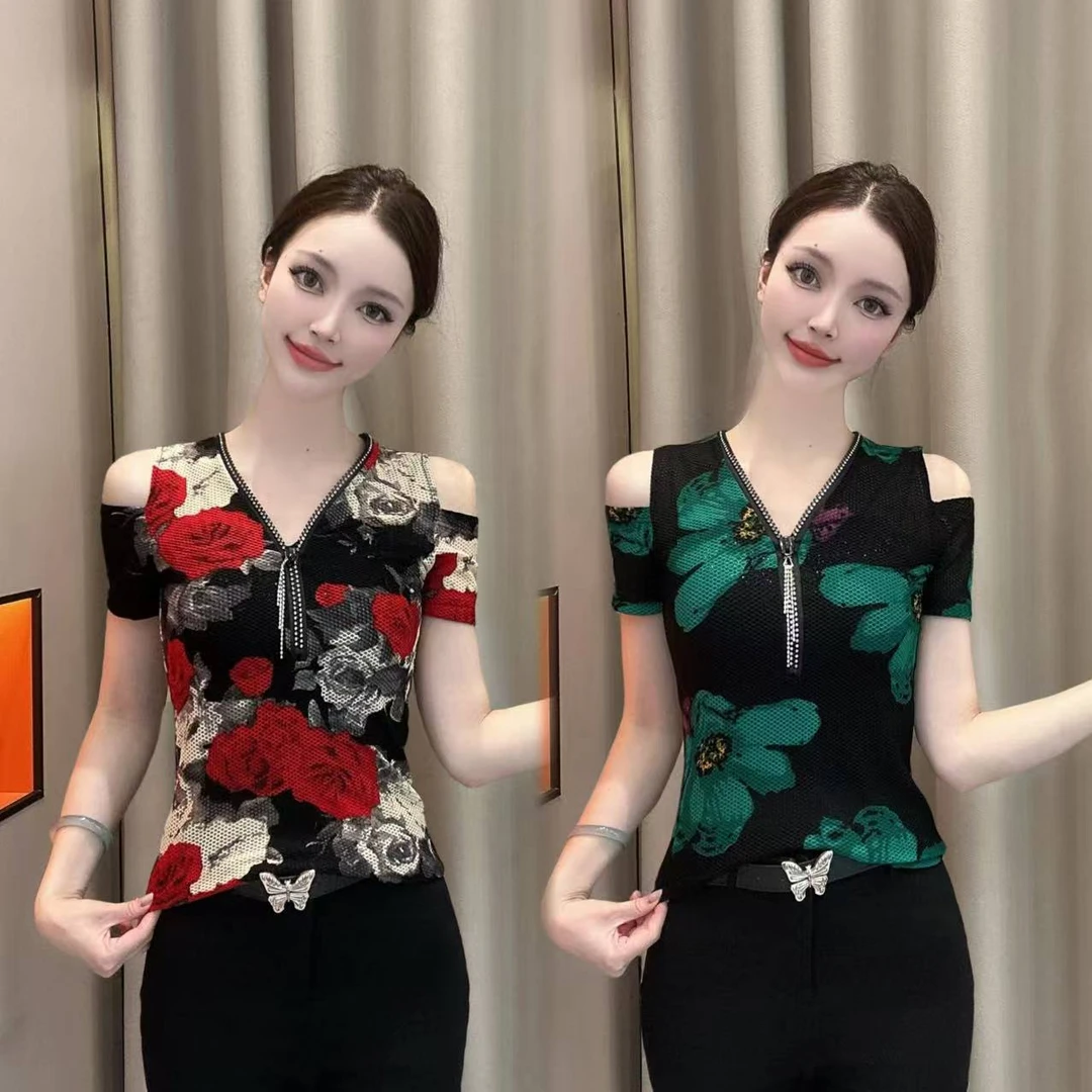 【温柔可视】花朵V领拉链露肩网纱微透短袖T恤上衣透气时尚百搭显瘦