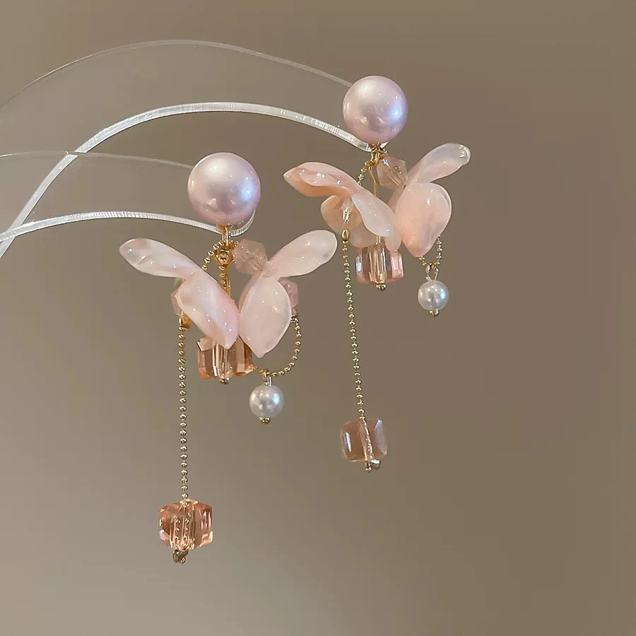 铜合金仿水晶耳饰 花朵流苏珍珠水晶气质甜美百搭高级感耳饰037