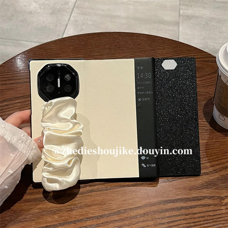 适用华为mate xt三折叠非凡大师手机壳真皮丝巾腕带防摔翻盖皮套