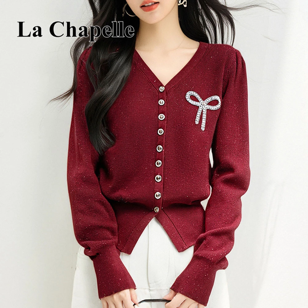拉夏贝尔法式小香风红色毛衣女秋季蝴蝶结镶钻时尚百搭气质针织衫