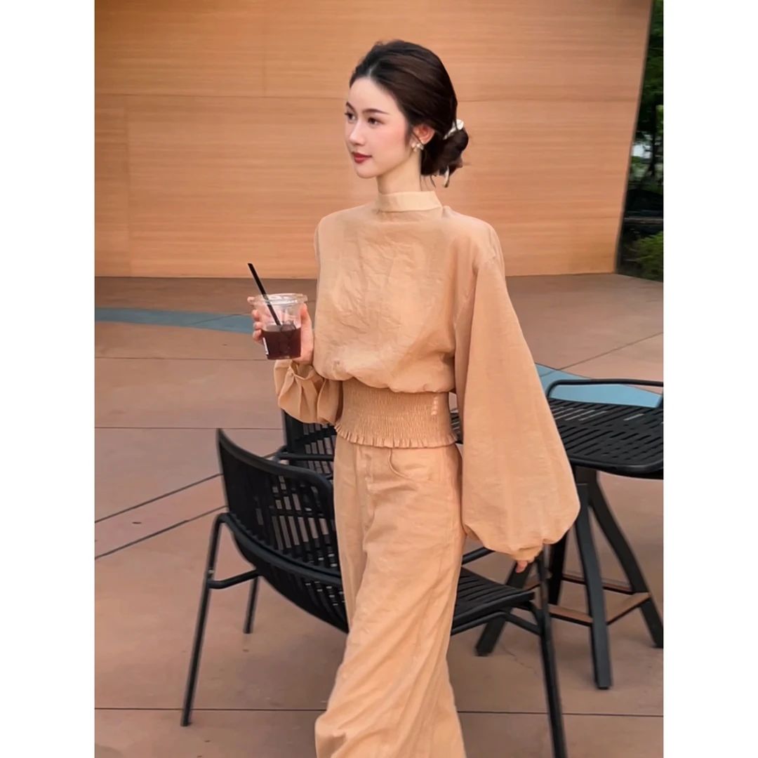 ZLeays-暮光-气质女神套装肉桂色上衣XMXY074+肉桂色裤子XMXY075
