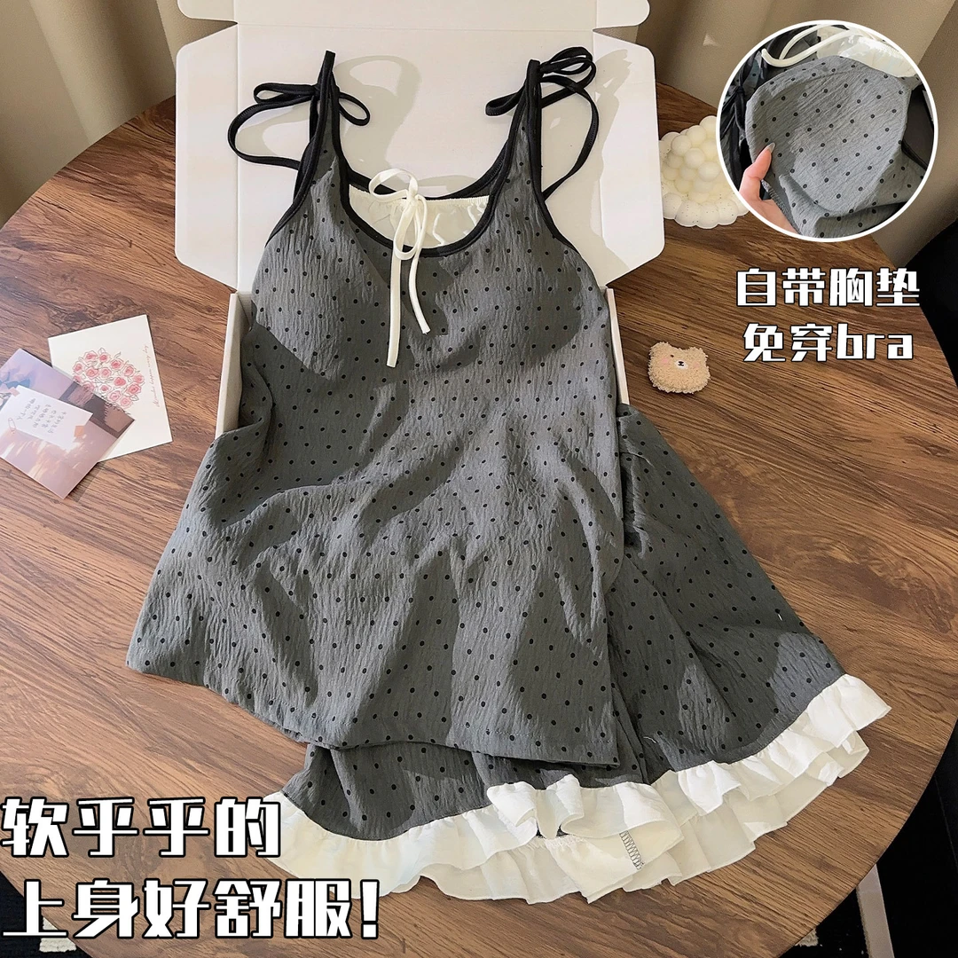 云朵棉睡衣女带胸垫一体式新款夏季天甜美风波点少女家居服套装薄