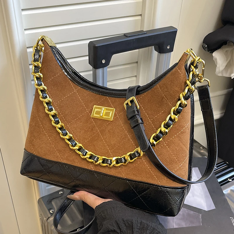 复古撞色麂皮绒托特包包女2025新款时尚高级斜挎包通勤单肩腋下包